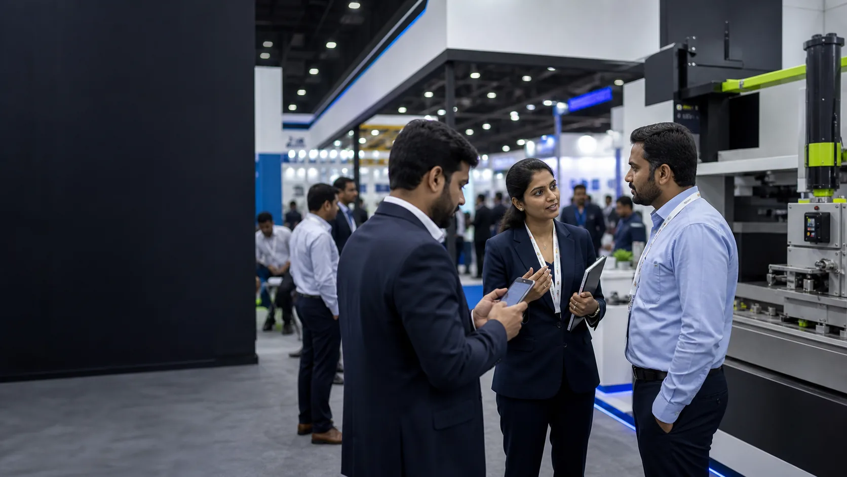 Exhibition professionals discussing a business opportunity while using a phone on a busy trade-show floor